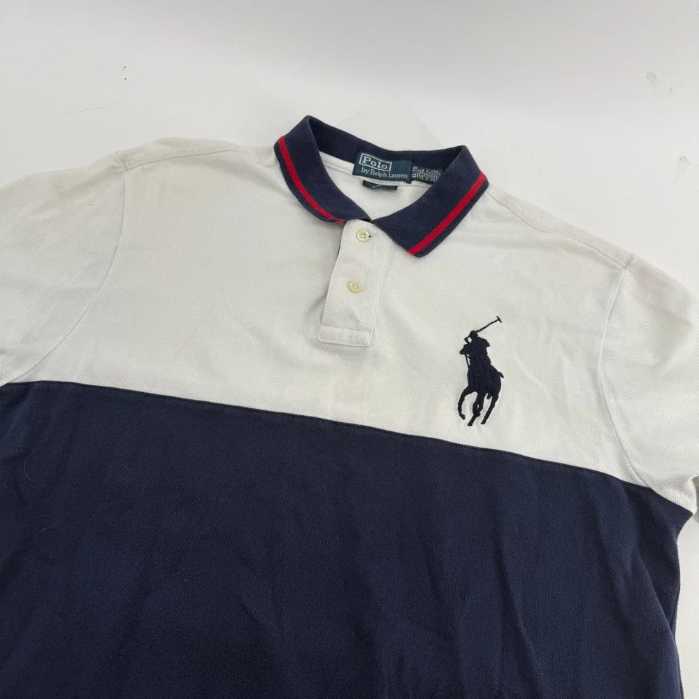 Polo Ralph Lauren Custom Fit Big Pony Polo Shirt Mens XL White Navy Colorblock